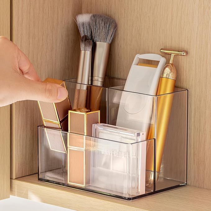 Clear PET Makeup Organizer, Lipstick Brush Holder for Bathroom Cabinet- Transparent Medicine Cabinet Organizer Multi Compartment Storage Box Holder for Countertop, Home Office Classroom