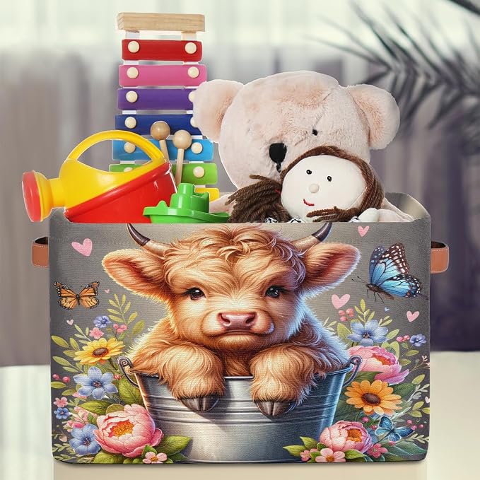 Basket Storage Bins Alpine Cattle Cow Flower Rectangle Cube Basket Box Kids Girls Boys Toys Organizer Beaket Decor Foldable with Handle for Living Room Bedroom Closet Nursery Office Shelf Gifts