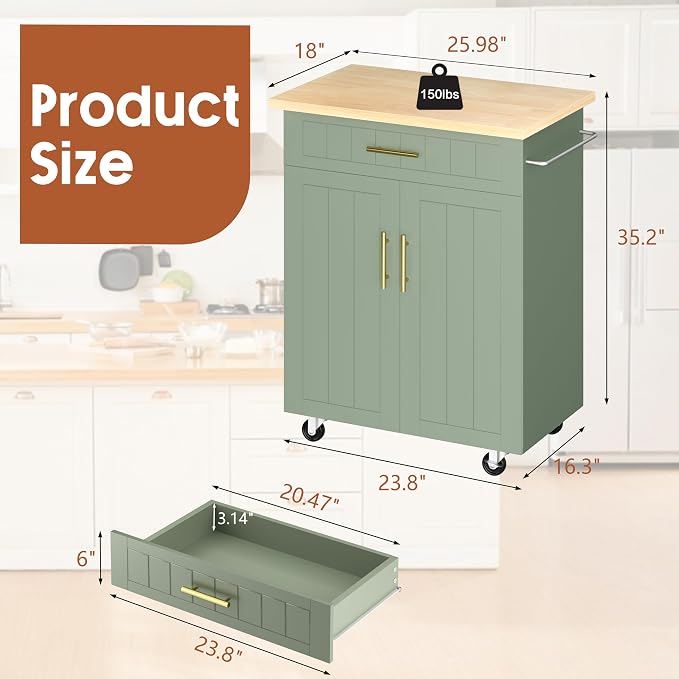 JY QAQA 26" Kitchen Island on Wheels with Storage Cabinet Kitchen Cart Cabinet with Shelves, Cart Handle for Towel Rack or Free Mobility, Portable Islands for Kitchen,Green