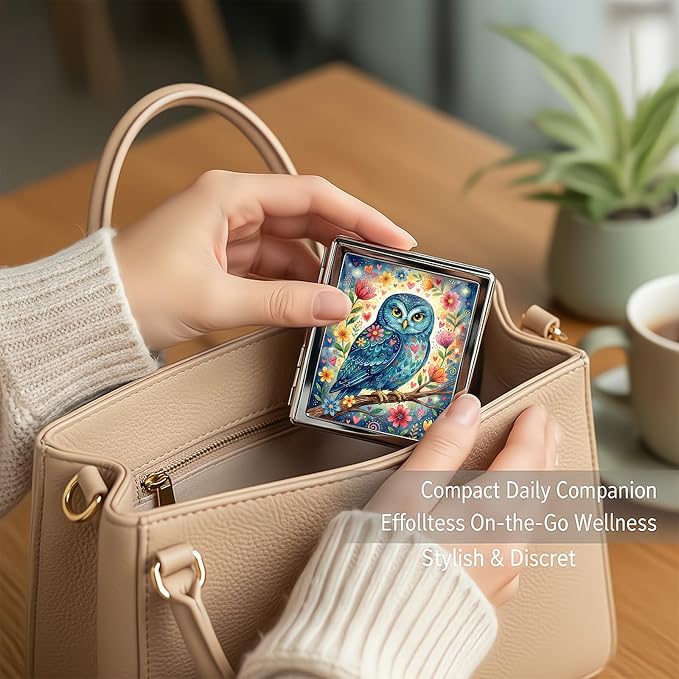 Weekly Pill Organizer, Metal Pill Box with 8 Compartments, Small Travel Pill Case for Purse Pocket, Medicine Vitamin Supplement Organizer (Floral Owl)