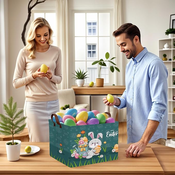 Large Cute Easter Basket for Kid Empty Gift Baby Rectangle Storage Bin Bunny Eggs Boy＆Girl Room Décor (Rabbit Blue)