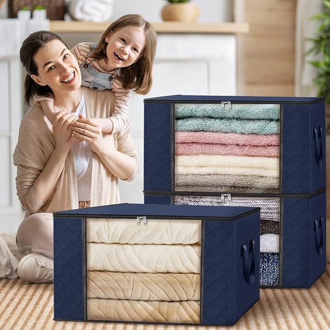 3 Pack Storage Bags for Clothes Blanket Storage Bins with Lids | Foldable Closet Organizers with Zippers,Window and Handles,Fabric Storage Bins for Sweater,Comforter,Bedding,Dorm essentials
