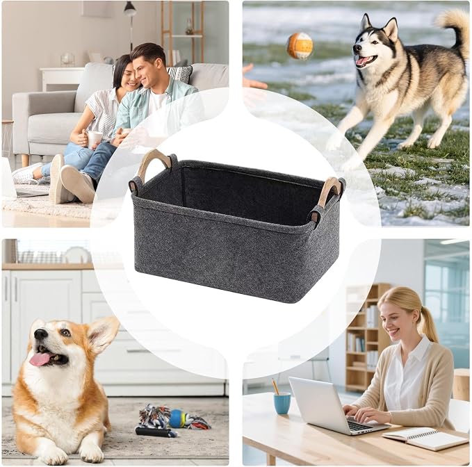 Dog Toy Bin Felt Cute Foldable Organizer with Wooden Handle | Pet Toy Basket for Kids Blankets Collars Leashes Indoor Outdoor Home Garage Dorm Traveling Laundry Room