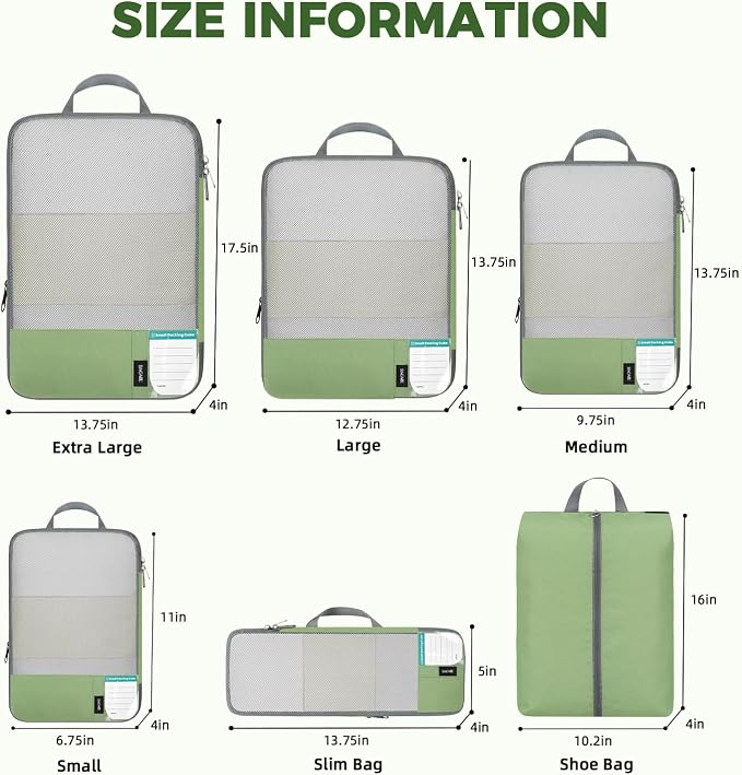 BAGAIL Lightweight Compression Packing Cubes for Travel, 6 Set,Matcha Green | Salis Nylon Fabric,Anti-Tearing,Save Space,SBS Zippers,Packing List,PVC Tag Pocket,Custom Labels,Visible Mesh,Portable Handel