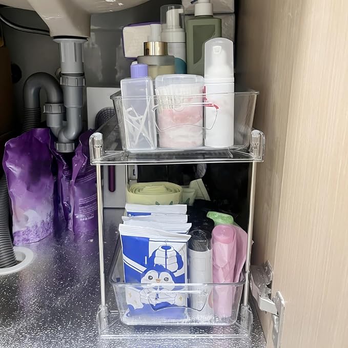 Under Sink Organizer Bathroom 2-Tier Pull-Out Cabinet Storage Sliding | Vanity Organizer for Laundry Room Pantry Vanity Office Home Apartment Cleansing Supplies Cosmetics Toiletries