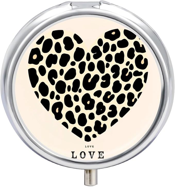 Leopard Print Heart Metal Round Pill Box, 3 Compartment Travel Organizer, Portable Pill Container with Secure Latch, 2 Inch Circular Vitamin Caddy for Pills and Vitamins, Gift for Him Her Elderly