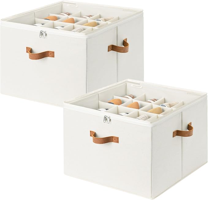 StorageWorks 2-Pack 32-Pair Shoe Storage Organizer for Closet, Beige | Adjustable Dividers, Holds up to 16 Pairs Each, Foldable, Clear Lid, Soft Handles, Fits Sneakers, Boots & Heels, For Bedroom