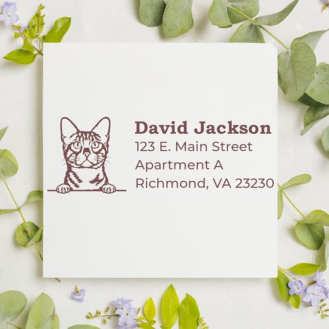 Peeking Bengal Cat Wood Handle Address Stamp - Personalized Rubber Stamp | Address Stamp with Bengal Cat. Custom Address Stamp for Veterinary Offices. Up to 50 characters per line. Nothing to dry out.