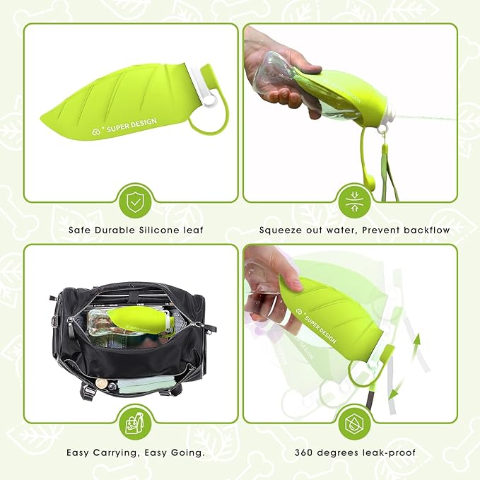 SUPERDESIGN Dog Water Bottle, Portable Dog Water Bottle for Small to Large Dogs, Leak Proof Dog Travel Water Bottle, Large Leaf Travel Water Bowl for Dogs and Dog Walking Accessories (19.6OZ, Green)
