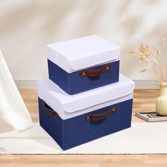 ANMINY Fabric Storage Box Bins with Lids, Blue White, 13"x9"x7.9" | Keepsake Memory Storage, Cotton Linen, PP Board Reinforced, Washable, PU Handles, Foldable & Stackable, Decorative, Medium