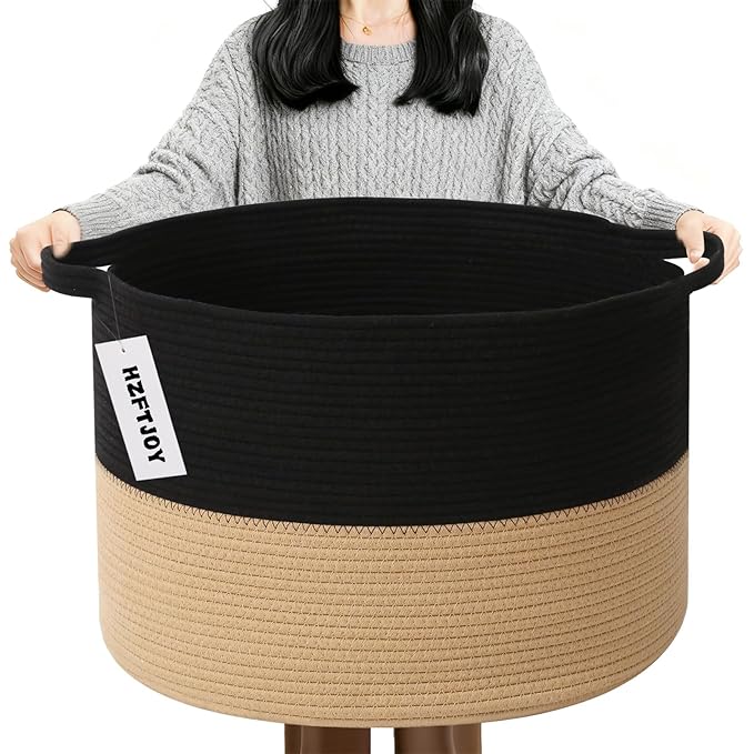 90L Extra Large Blanket Basket,Woven Laundry Basket-Black&Camel | Collapsible, reinforced handles, nursery storage bin organizes clothes, toys and pillows for living room, bedroom bathroom