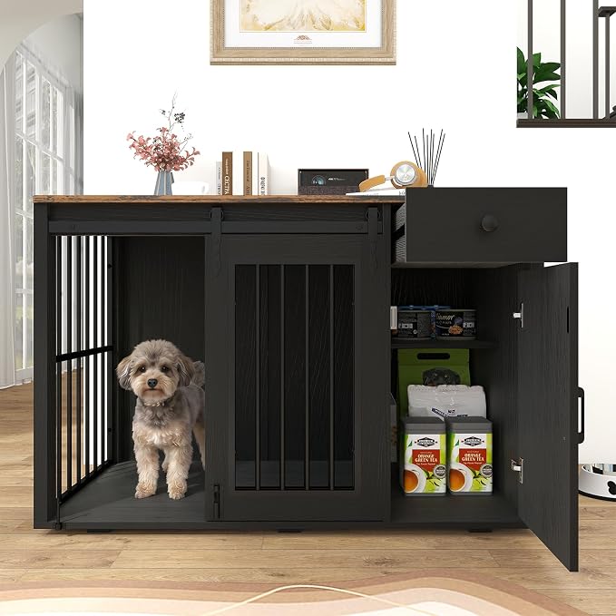 Verano Garden 44" Dog Crate Furniture, Dog Kennel (44" Right Facing Door) | 2-in-1, Lockable, Sliding Door, Removable Divider, Adjustable Shelf, Farmhouse, Heavy Duty, Small Medium Dogs, Black
