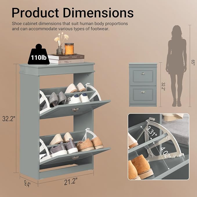 Haotian Small Shoe Cabinet | Two Flip Drawers Freestanding Shoe Rack, Shoe Storage Cupboard Organizer, FSR78-HG