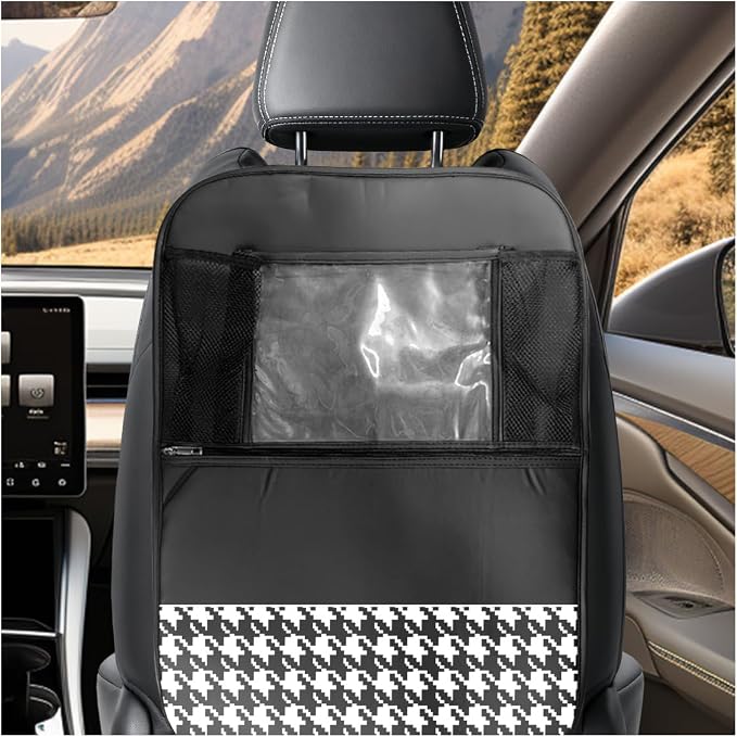 Car Kick Mats Back Seat Protector, Multifunctional Leather Car Rear Seat Hanging Storage Bag, Easy-to-Clean Auto Interior Backseat Organizer Accessory for SUVs, Trucks, Cars (Grid)