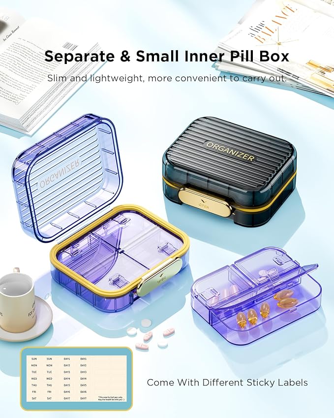 Acedada Small Pill Box, Travel Pill Organizer for Purse, Purple | 7-Compartment Moistureproof Pill Case, Daily Pill Container, Portable Medicine & Vitamin Holder for Fish Oil & Supplements