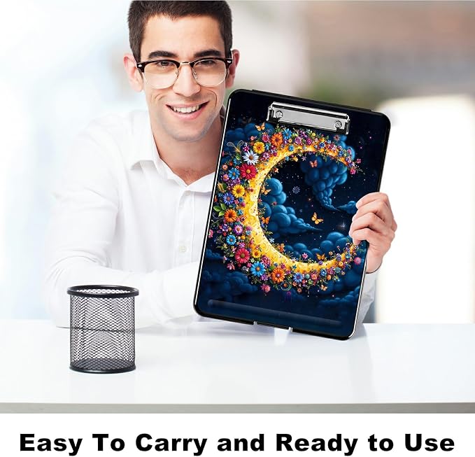 Heavy Duty Storage Clipboard, Slim Nursing Clipboard with Internal Pen Case, Portable File Organizer Case for A4 Letter Size Paper Office Medical Professionals, Dark Clouds Moon