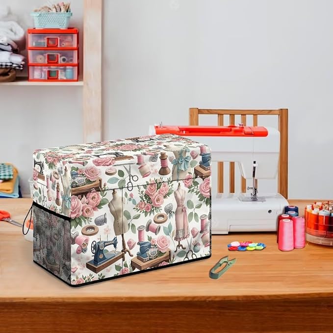 Sewing Machine Cover with Storage Pockets,Dust & Pet Hair Protection,Fits Standard Singer, Brother and Janome Machines, Protecting & Decorating Your Sewing Space Sewing Element(White)