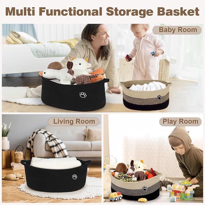 Optish 40L Extra Large Dog Toy Basket, 20" x 14" x 9" XL Toy Storage Box and Bin with Handles, Woven Cotton Rope Foldable Basket for Blankets, Living Room, Bedroom, Home Decor, Black