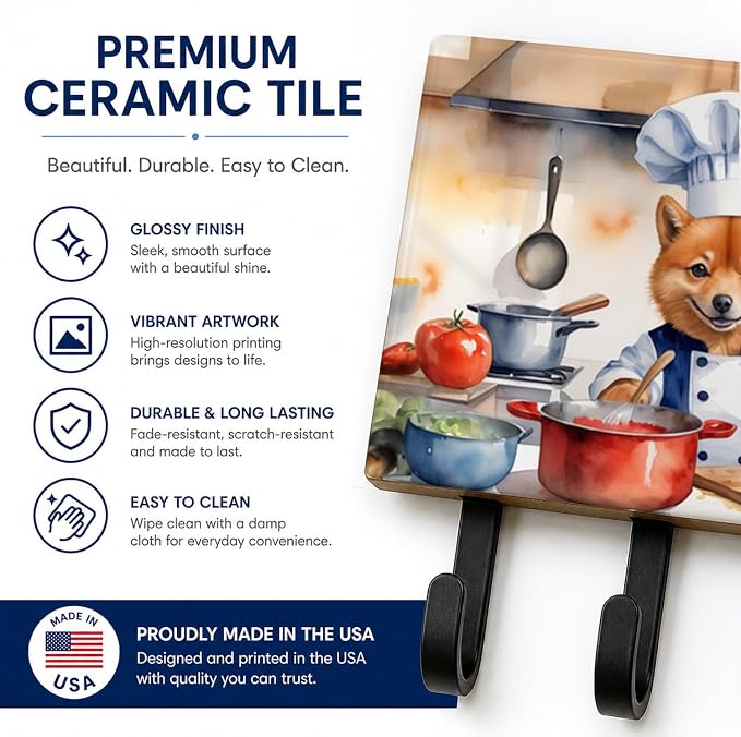 Caroline's Treasures Finnish Spitz The Chef Leash or Key Holder Wall Hooks, Key Hooks Holder, Coat Rack Wall Mount, Coat Hooks, Hooks for Hanging Keys, Towels, Aprons, Leashes | Finnish Spitz The Chef artwork on ceramic tile with three steel hooks for ...