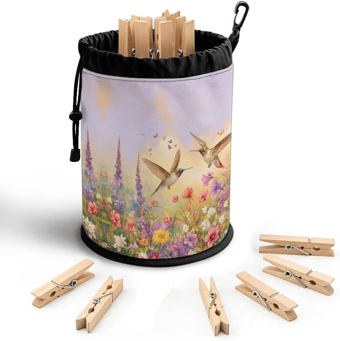 Hummingbird Floral Clothespin Bag for Clothesline Outdoor, Clothes Pin Bag with Drawstring Closure, Moisture Resistant, Large Capacity Laundry Clothespin Storage with Hook