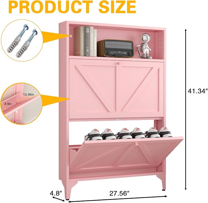 Shoe Cabinet with 2 Flip Drawers, Narrow Shoe Storage Cabinet, Farmhouse Shoe Organizer, Freestanding Organizer with Metal Legs for Entryway, Foyer (Pink, 2 Door)