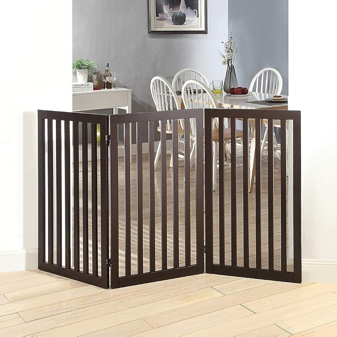 unipaws 36”H Free Standing Pet Gate for Dog Cat, 60”Wide Wooden Dog Gates | Foldable Pet Fence for Doorway, Stairs, Step, Expandable Doggy Barrier, Indoor Use