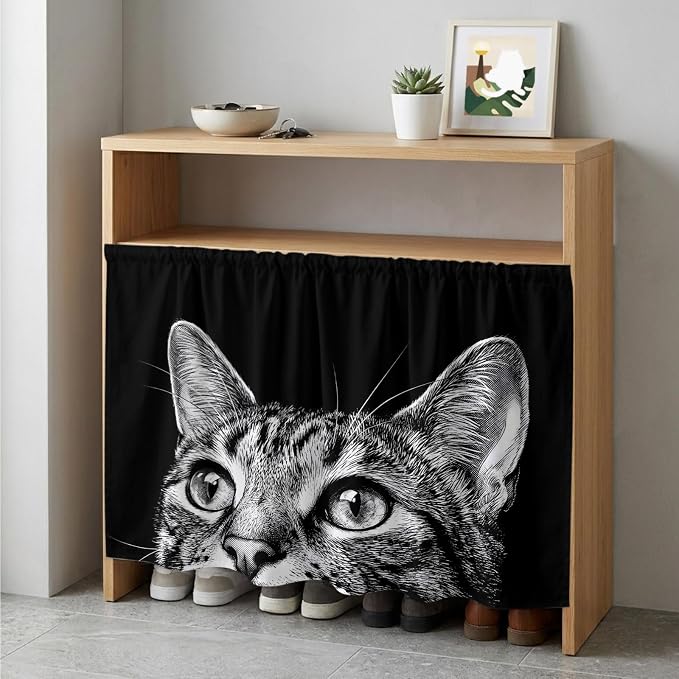 Cute Cat Cabinet Curtain 35"Wx35"L, Dustproof Under Sink Skirt with Self Adhesive Tape, Vintage Funny Pet Cat Portrait Black Cabinet Curtain Cover for Kitchen Sink, Bathroom Vanity, Laundry Room