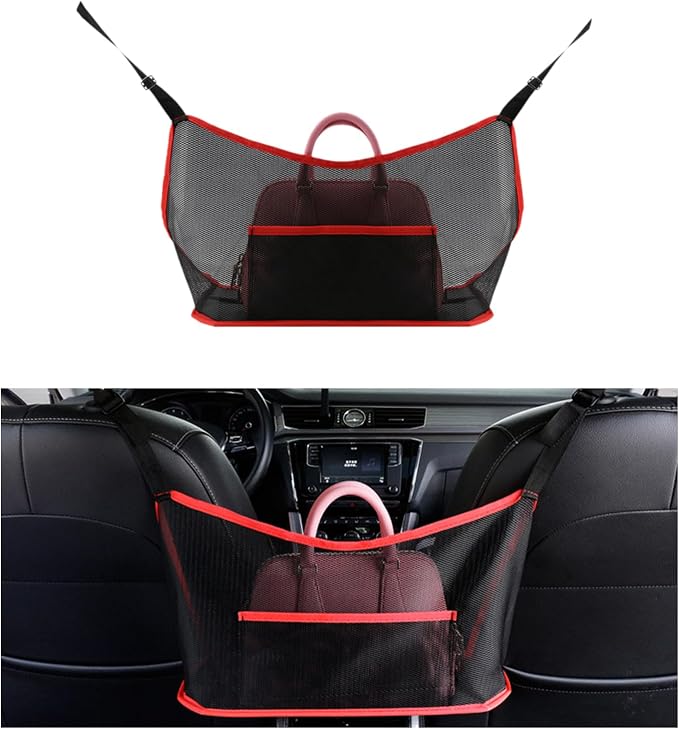 Ziciner Car Net Pocket Handbag Holder, Organizer Mesh Bag Between Two Seat, Driver Storage Netting Pouch for Handbag Purse, Barrier of Backseat Pet Kids, Car Accessories for Women Men (Black&Red)