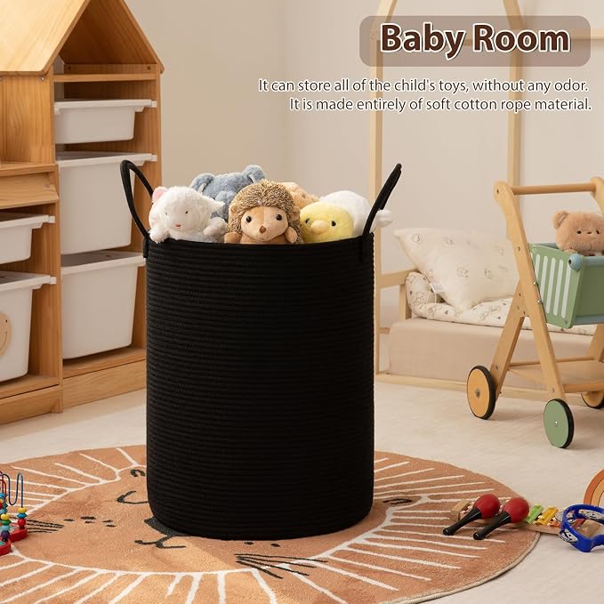 OIAHOMY 100L Nursery Hamper Laundry Basket Laundry Hamper Black | collapsible Blanket Basket Cotton Rope Woven Basket Dirty Clothes Hamper Baby Hamper Tall Clothes Hamper with Handles