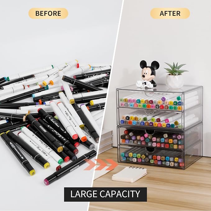 Clear Plastic Drawer Organizer, 4 Drawers | Stackable Desk Organizers and Accessories, For Home Office Supplies, Marker Pen, Notebooks, Art Crafts