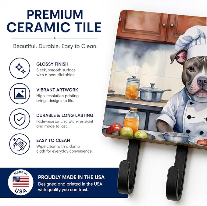 Caroline's Treasures Pit Bull Terrier The Chef Leash or Key Holder Wall Hooks, Key Hooks Holder, Coat Rack Wall Mount, Coat Hooks, Hooks for Hanging Keys, Towels, Aprons, Leashes | Pit Bull Terrier The Chef artwork on ceramic tile with three steel hook...