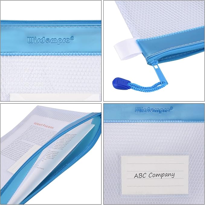 Wisdompro Zipper Pouch, 4 Pack Waterproof Mesh File Bag, Document Organizer | 13.3x9.8", Letter Size Mesh Bag with Outer Label Pocket, Durable, Perfect for File, Paper, Pen, Office, School, Home, Blue