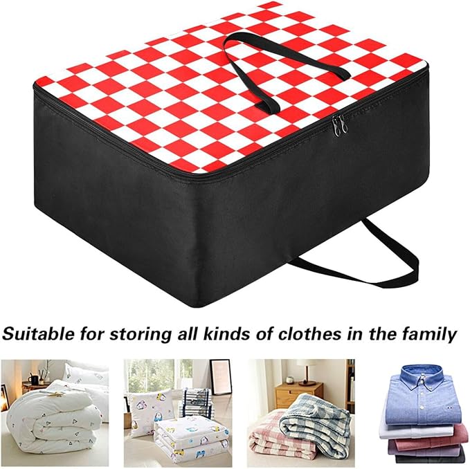 Comforter Storage Bags Large Folding Blanket Organizer Bag with Strong Handles Clear Window Closet Storage Containers for Clothes King Queen Pillows Bedding Quilt Duvet Checkered Red and White