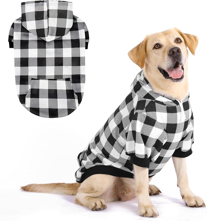 KOOLTAIL Plaid Dog Hoodie Pet Clothes Sweater with Hat and Pocket for Small Medium Large Size Dogs, Soft Winter Warm Dog Cold Weather Coat, Fleece Fall Dog Hooded Sweatshirt for Puppy Cats, White L