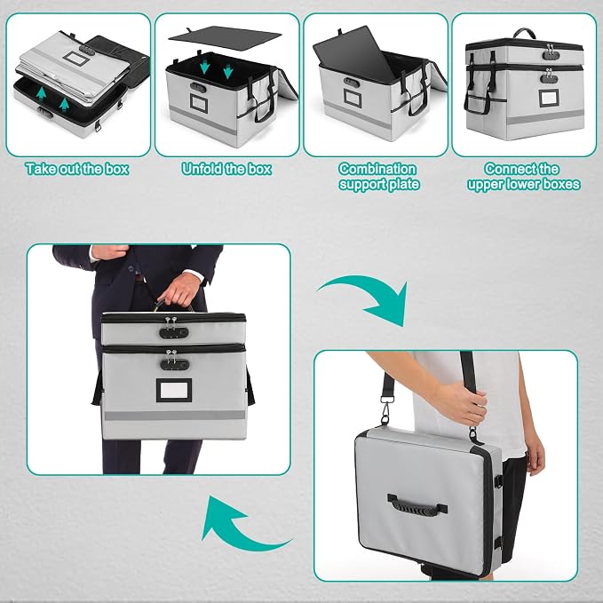 EXLIFBAG 2 Layer File Box with Lock, Portable Document Organizer Box with Handle, Fireproof File Box for Home Office, Legal File Organizer Storage