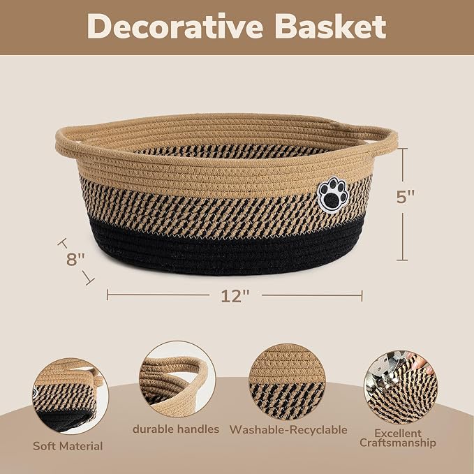 Woven Rope Dog Toy Basket with Paw Print, Black Brown | 12"x 8" x 5" Small Dog Toy Bin & Box with Handles, Fits Living Room Bedroom Nursery Organization, Gift Basket Empty for Pets