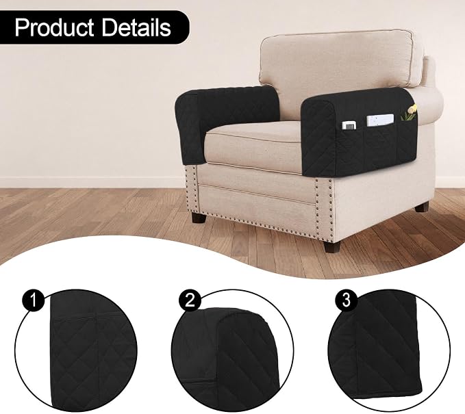 1 Pair Armrest Cover Sofa Armrest Covers with Pockets Organizer Waterproof Slipcover Couch Protector Removable Washable Non Slip Suitable for Living, Black