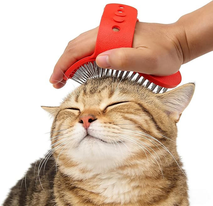 Pet Rubber Grooming Brush Bath Brush Massager with Adjustable Loop Handle Stainless Steel Pin, Random Color