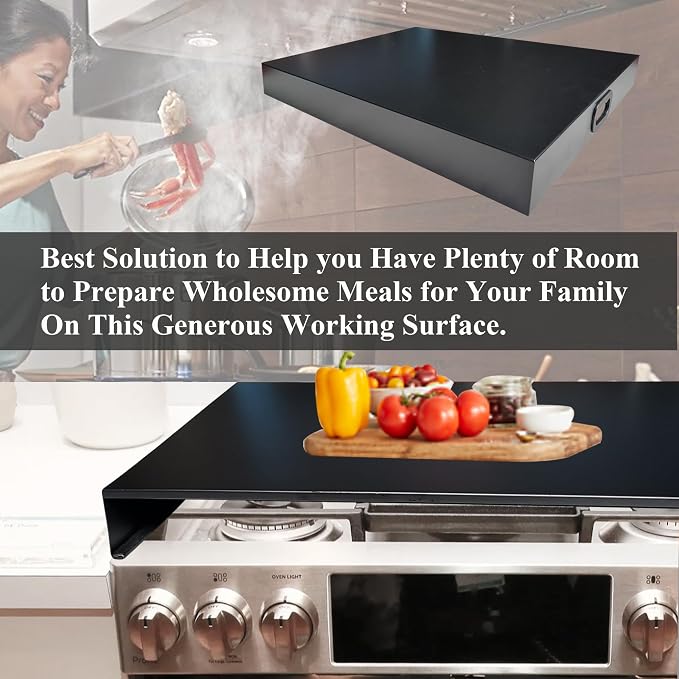 Stainless Steel Gas Stove Top Cover, Noodle Board Cooktop Cover, Kitchen Organizer for Gas and Electric Stove Range Expanding Kitchen Space, Large Size 30"x 22"x3", Black