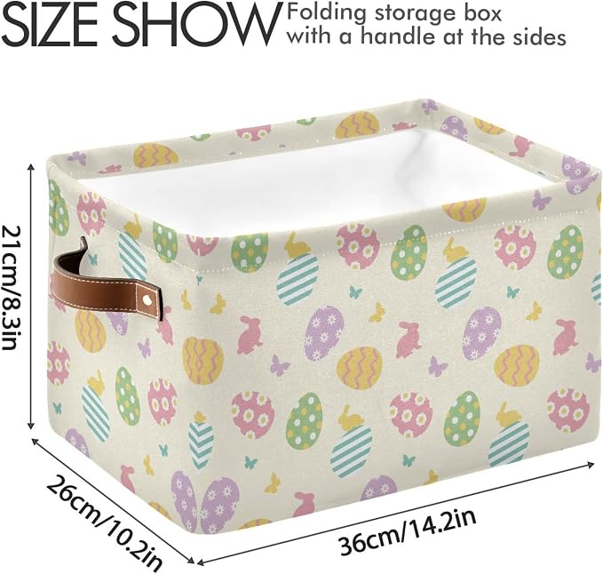 Easter Eggs Cute Storage Basket with Waterproof Liner and PU Handles Happy Easter Day Bunny Rabbit Butterfly Storage Bins Boxes 14.2" Collapsible Decorative Organizer Baskets for Bedroom Closet 2 Pack