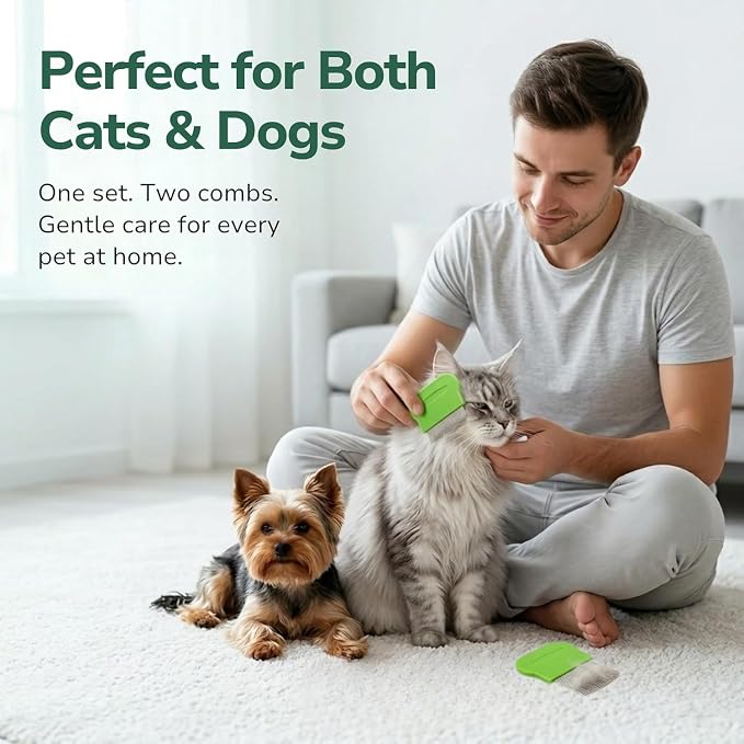 Pets&Goods Tear Stain & Flea Remover Comb Set for Dogs & Cats – Stainless Steel Eye Grooming Tool for Stains, Crust & Mucus – Gentle, Safe, Reusable – Pack of 2 (Green)
