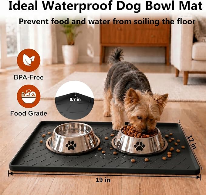 MateeyLife Silicone Waterproof Mat for Dog & Cat Food Mat 19"X12" | BPA-Free Non-Slip Pet Feeding Mat, Dog Food Tray for Food & Water Bowls, Protect Floor Against Spills, Classic Black