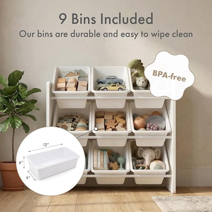 Humble Crew Kids Toy Organizer with 9 Bins, 3 Tier Storage for Playroom | Sturdy wood and steel toddler shelf, removable BPA-free containers, wall anchor anti-tip safety kit for bedroom or classroom