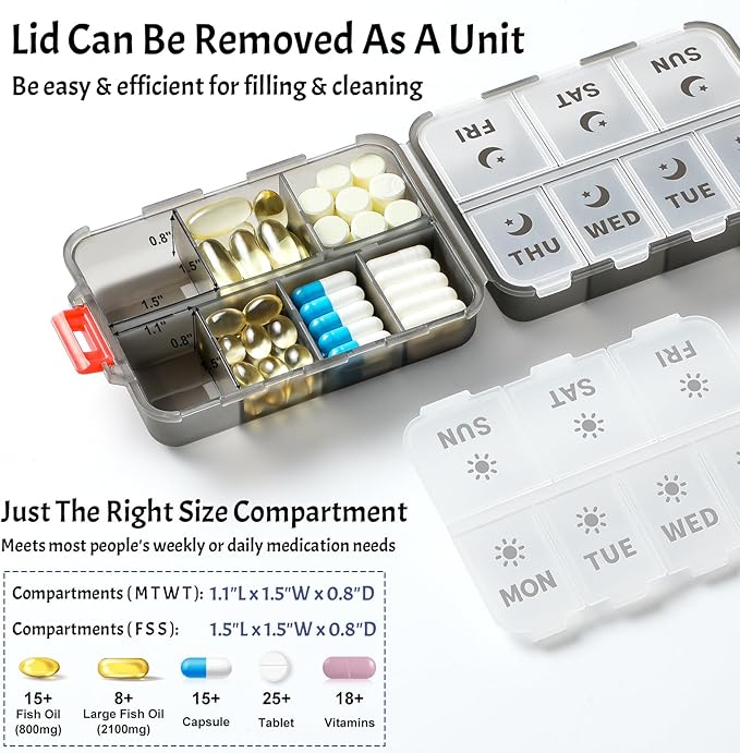 NEW Foldable & Double Protection Portable Weekly Pill Organizer 2 Times A Day with Etched Labels, AM PM 7 Day Week Medicine Box, Daily Travel Pill Case Dispenser for Vitamin, Supplement - Clear Black