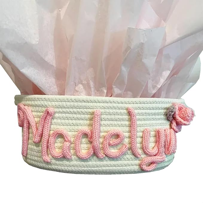 Personalized Cute Small Woven Basket with Handles, Custom Cotton Rope Room Shelf Storage Basket, Empty Decorative Gift Basket, Decorative Round Bin for Nursery Bedroom Bathroom (Style B)