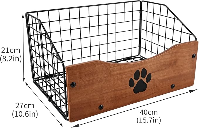 Dog Toy Basket, Wooden Dog Toy Box with Metal Wire Bin, Foldable Pet Toy Storage Organizer with Paw Print Design, Open Dog Toy Holder for Toys, Cat Toys, Blankets, Leashes and Treats, Walnut Brown