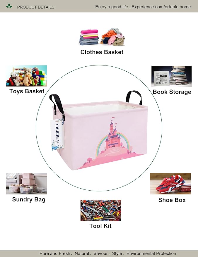 Rectangular Pink Castle Princess Closet Bedroom Storage Bin | Waterproof stain-proof cotton canvas, reinforced side grips, fairy castle print for girls, daily sundry arrangement