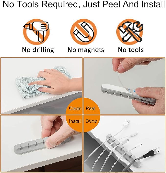 Desk Accessories for Charging Organizer - 5 Packs Grey Computer Desk Accessories and Adhesive Cord Organizer for Cable Holder Cleans Up Messy Wires at Home, Car and Office (7-5-3-1-1 Slots) | Silicone cable management clips self adhesive for nightstand...