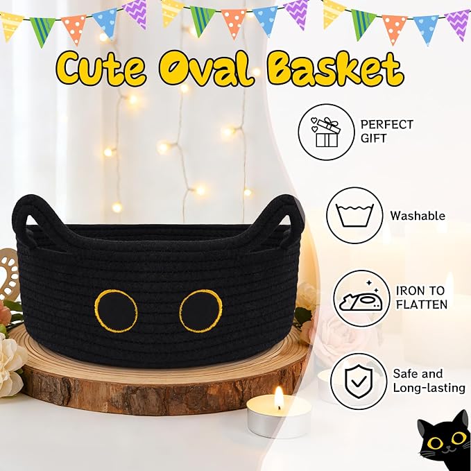 Black Cat Toy Basket for Nursery,Small Cute Cat Oval Woven Rope Basket | Cotton Rope Storage Toy Bin, Baby Shower Blanket Hamper 0rganize Box with Handles,Gifts Empty Storage Cat Bin,12"D x 5"H in
