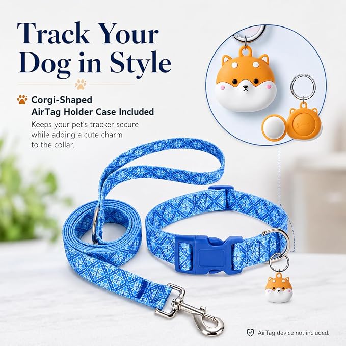 Matching Dog Collar and Leash Set with AirTag Holder-Blue Geometry/M | Anti-Lost,Adjustable Durable Pet Collar Leash Combo for Medium Boy Girl Dogs,for Outdoor Walking Hiking Training Running